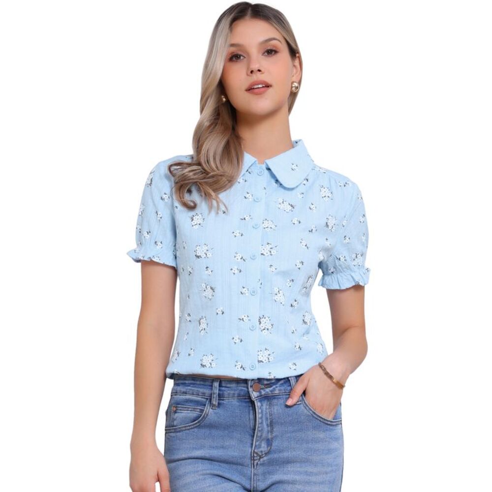 Cotton Frilled Top Turndown Collar Blossoms Blouse Shirt Gray Blue Floral